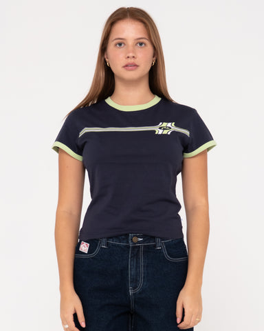 Woman wearing Worldwide Short Sleeve Skimmer Tee in Navy Blue