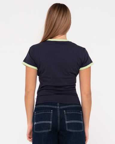 Woman wearing Worldwide Short Sleeve Skimmer Tee in Navy Blue