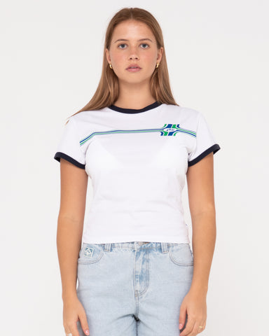 Woman wearing Worldwide Short Sleeve Skimmer Tee in White