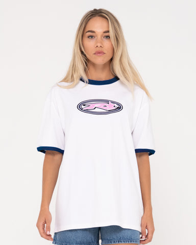 Woman wearing Stargirl Oversize Short Sleeve Tee in White