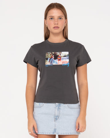 Woman wearing Photo Skimmer Baby Tee in Coal