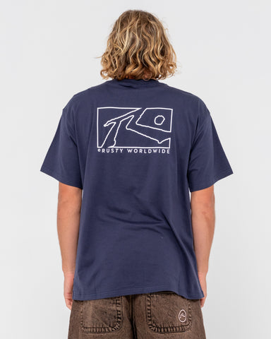 Man wearing Boxed Out Short Sleeve Tee in Navy Blue