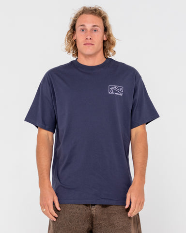 Man wearing Boxed Out Short Sleeve Tee in Navy Blue