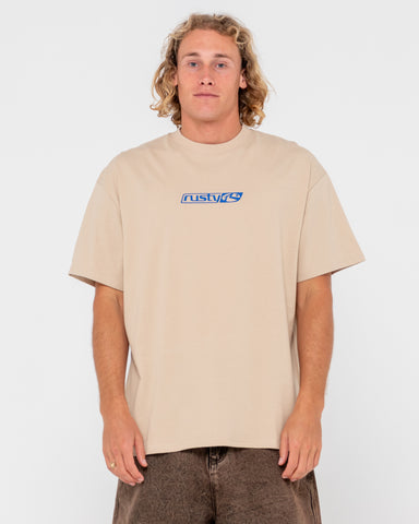 Man wearing V8 Short Sleeve Tee in Light Khaki