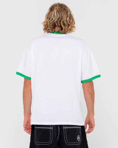 Man wearing Dead Ringer Short Sleeve Tee in White 2