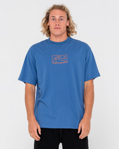 Man wearing Boxed Out Centre Front Short Sleeve Tee in Delft Blue