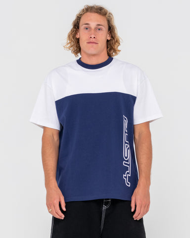 Man wearing Fool Me Twice Short Sleeve Tee in Navy Blue