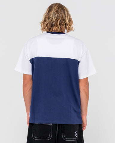 Man wearing Fool Me Twice Short Sleeve Tee in Navy Blue