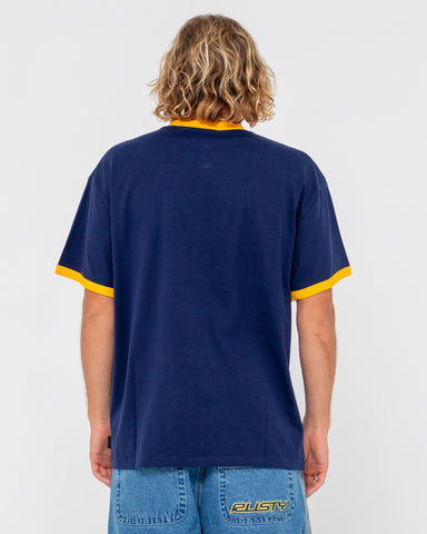 Man wearing Switch Up Short Sleeve Tee in Navy Blue