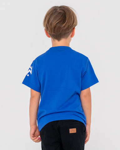 Boy wearing Competition Revolution Tee Runts in Royal Blue