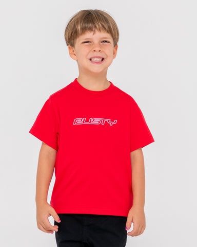 Boy wearing Flip Daddy Short Sleeve Tee Runts in True Red