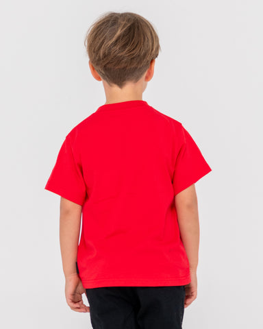 Boy wearing Flip Daddy Short Sleeve Tee Runts in True Red