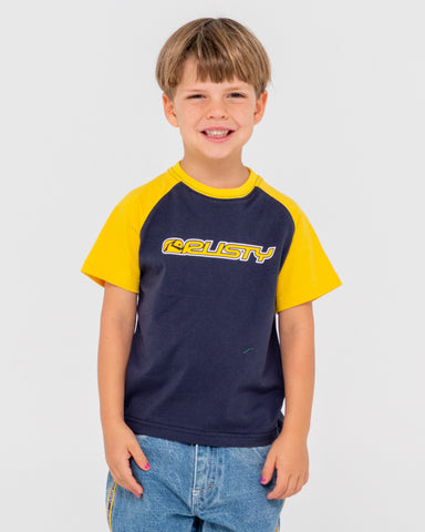 Boy wearing Swaglan Raglan Short Sleeve Tee Runts in Navy Blue