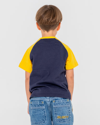 Boy wearing Swaglan Raglan Short Sleeve Tee Runts in Navy Blue