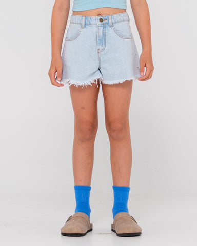 Girl wearing Penny Kick Flare Denim Short Girls in Sky Blue Heather