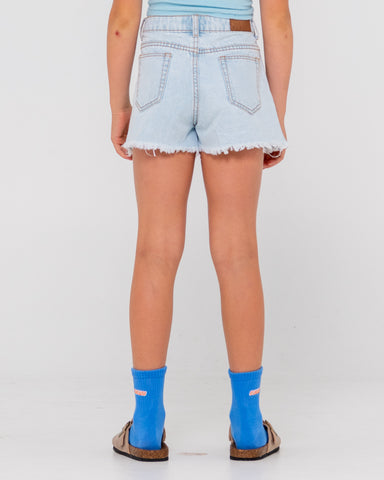 Girl wearing Penny Kick Flare Denim Short Girls in Sky Blue Heather