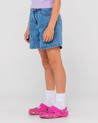 Girl wearing Cyprus High Denim Short Girls in Middy Blue