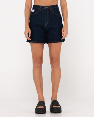 Woman wearing Cyprus High Denim Short in Deep Blue