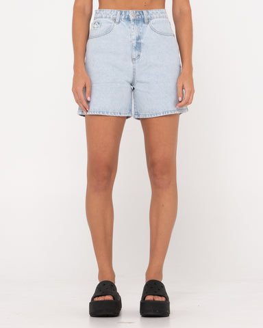 Woman wearing Cyprus High Denim Short in Sky Blue Heather