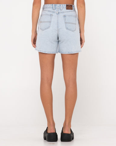 Woman wearing Cyprus High Denim Short in Sky Blue Heather