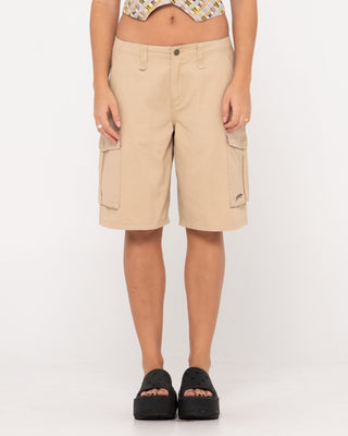 Woman wearing Tank Girl Low Rise Loose Fit Cargo Short in Oatmilk