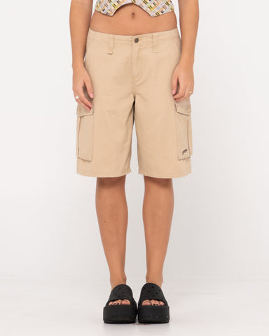 Woman wearing Tank Girl Low Rise Loose Fit Cargo Short in Oatmilk