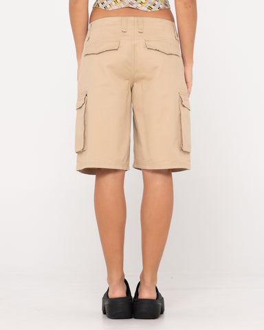 Woman wearing Tank Girl Low Rise Loose Fit Cargo Short in Oatmilk