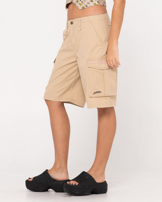 Woman wearing Tank Girl Low Rise Loose Fit Cargo Short in Oatmilk