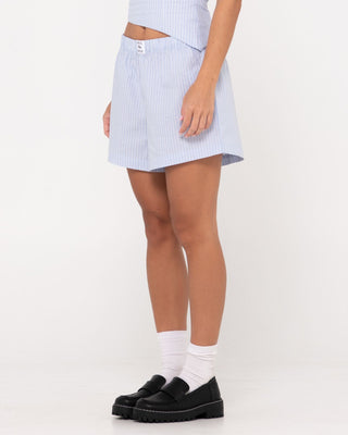 Woman wearing Ava Stripe Lounge Short in Celestial Blue