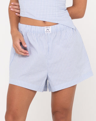 Woman wearing Ava Stripe Lounge Short in Celestial Blue