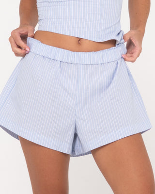 Woman wearing Ava Stripe Lounge Short in Celestial Blue
