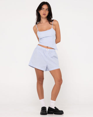 Woman wearing Ava Stripe Lounge Short in Celestial Blue