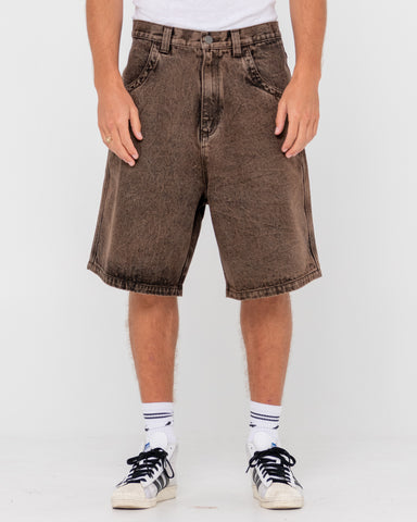 Man wearing R Dot Baggy Overdye Jort in Brown