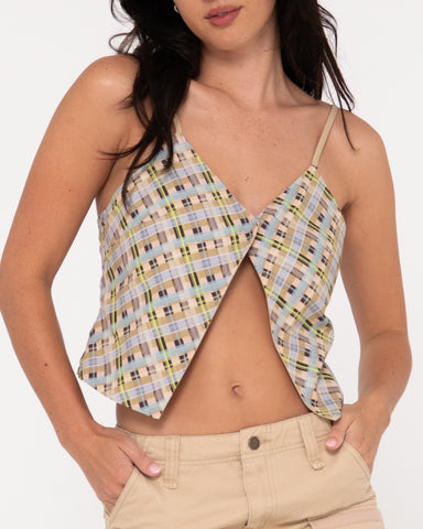 Woman wearing Tank Girl Reversible Cargo Cami in Oatmilk