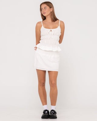 Woman wearing Palm Springs Slip Skimmer Top in Snow