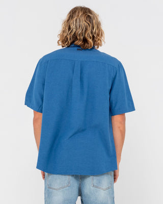 Man wearing Overtone Short Sleeve Linen Shirt in Delft Blue