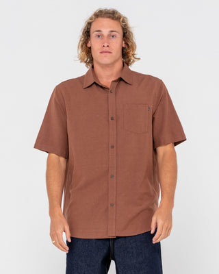 Man wearing Overtone Short Sleeve Linen Shirt in Java