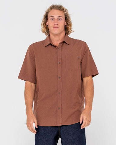 Man wearing Overtone Short Sleeve Linen Shirt in Java