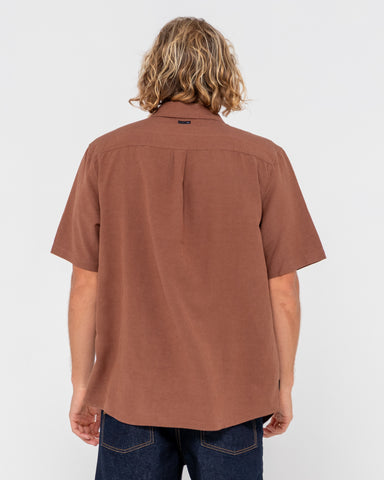 Man wearing Overtone Short Sleeve Linen Shirt in Java