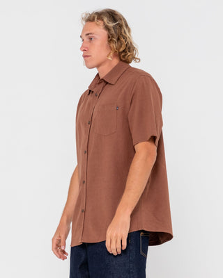 Man wearing Overtone Short Sleeve Linen Shirt in Java