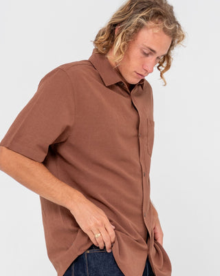 Man wearing Overtone Short Sleeve Linen Shirt in Java