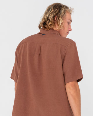 Man wearing Overtone Short Sleeve Linen Shirt in Java