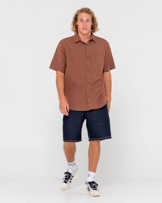 Man wearing Overtone Short Sleeve Linen Shirt in Java