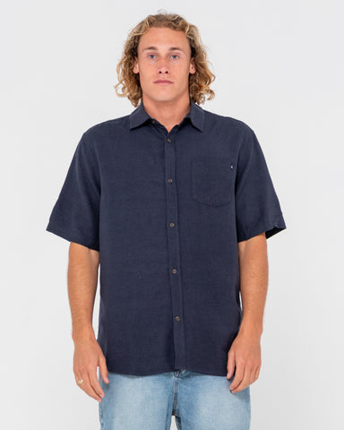 Man wearing Overtone Short Sleeve Linen Shirt in Navy Blue