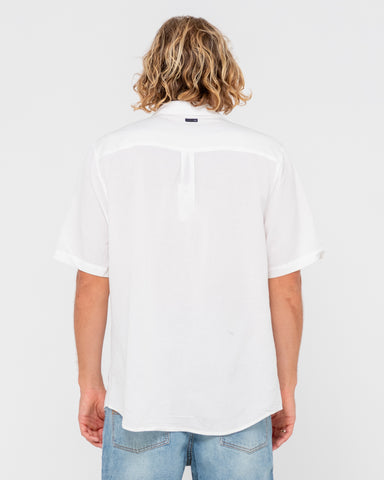 Man wearing Overtone Short Sleeve Linen Shirt in Whisper White