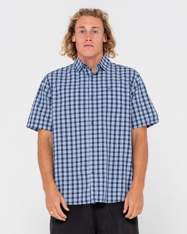 Man wearing Datsun Check Short Sleeve Shirt in Navy