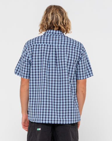 Man wearing Datsun Check Short Sleeve Shirt in Navy