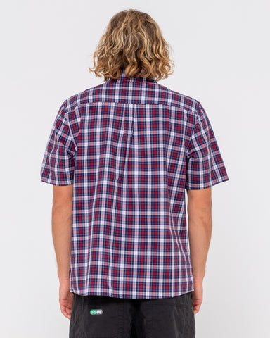 Man wearing Datsun Check Short Sleeve Shirt in True Red