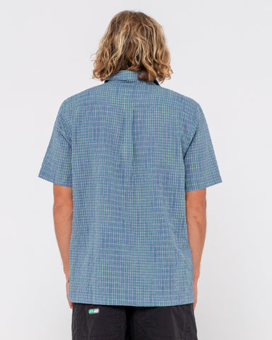 Man wearing Datsun Drop Short Sleeve Shirt in China Blue