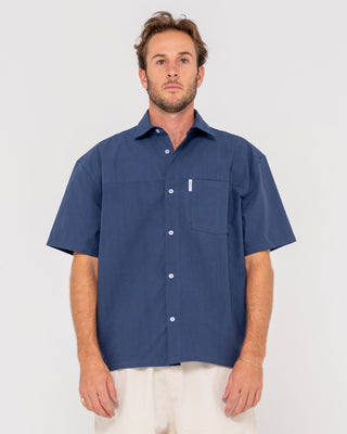 Man wearing Boxed In Short Sleeve Shirt in Navy Blue